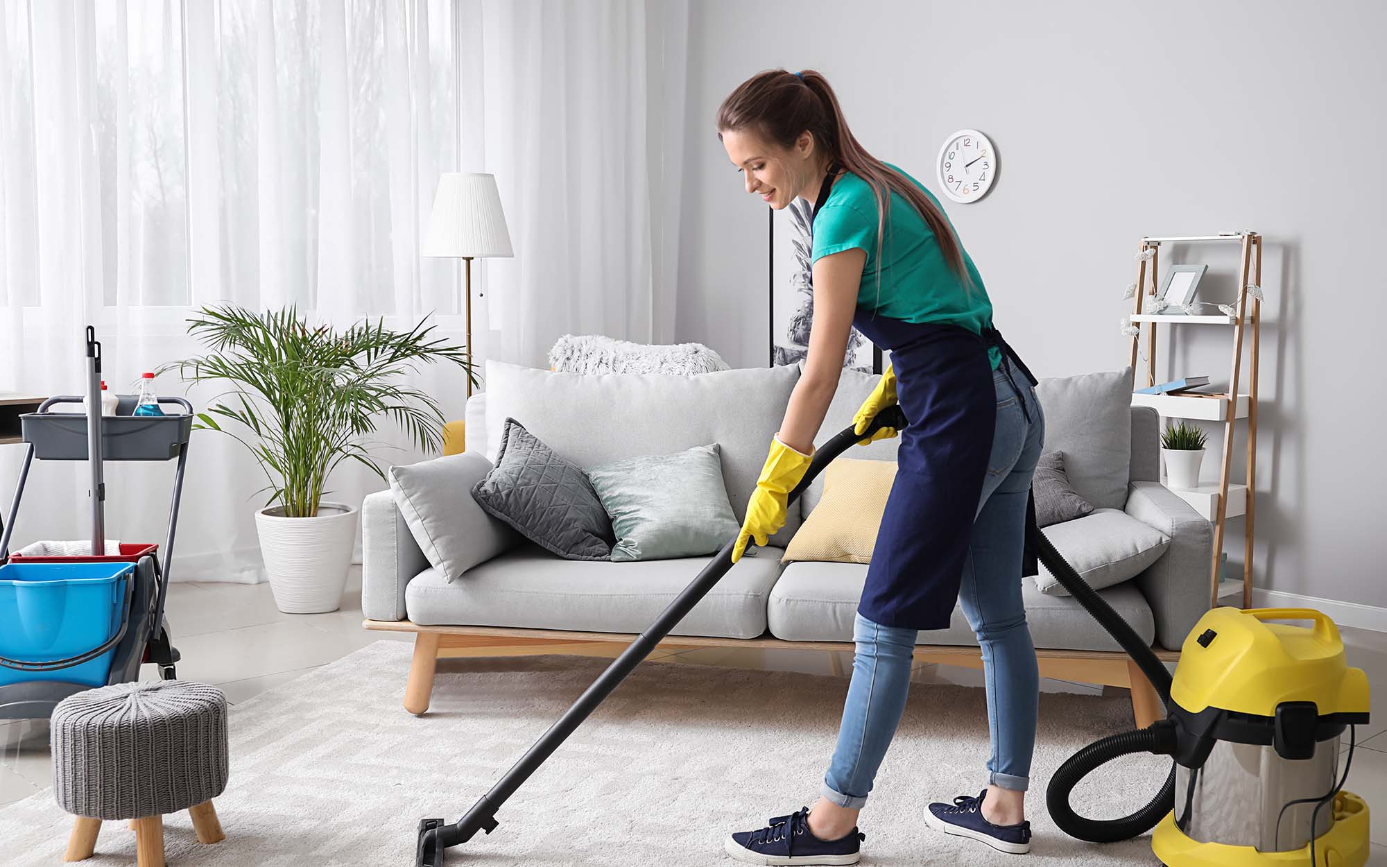 Pure Steps technician steam cleaning a carpet in a Bunbury living room